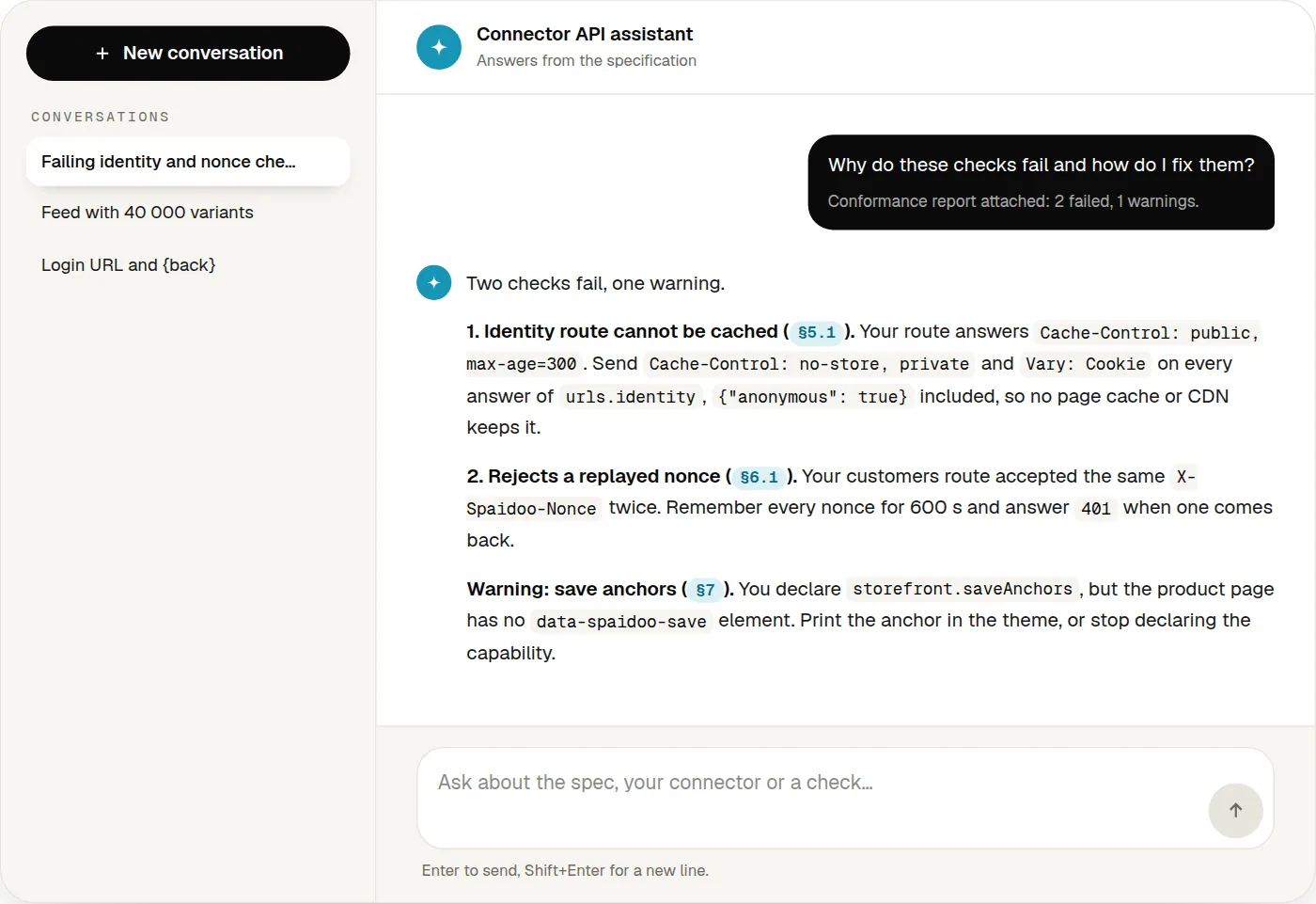 Screenshot of the Connector API assistant: the list of conversations on the left and a conversation with an attached conformance report and an answer that links to spec sections.