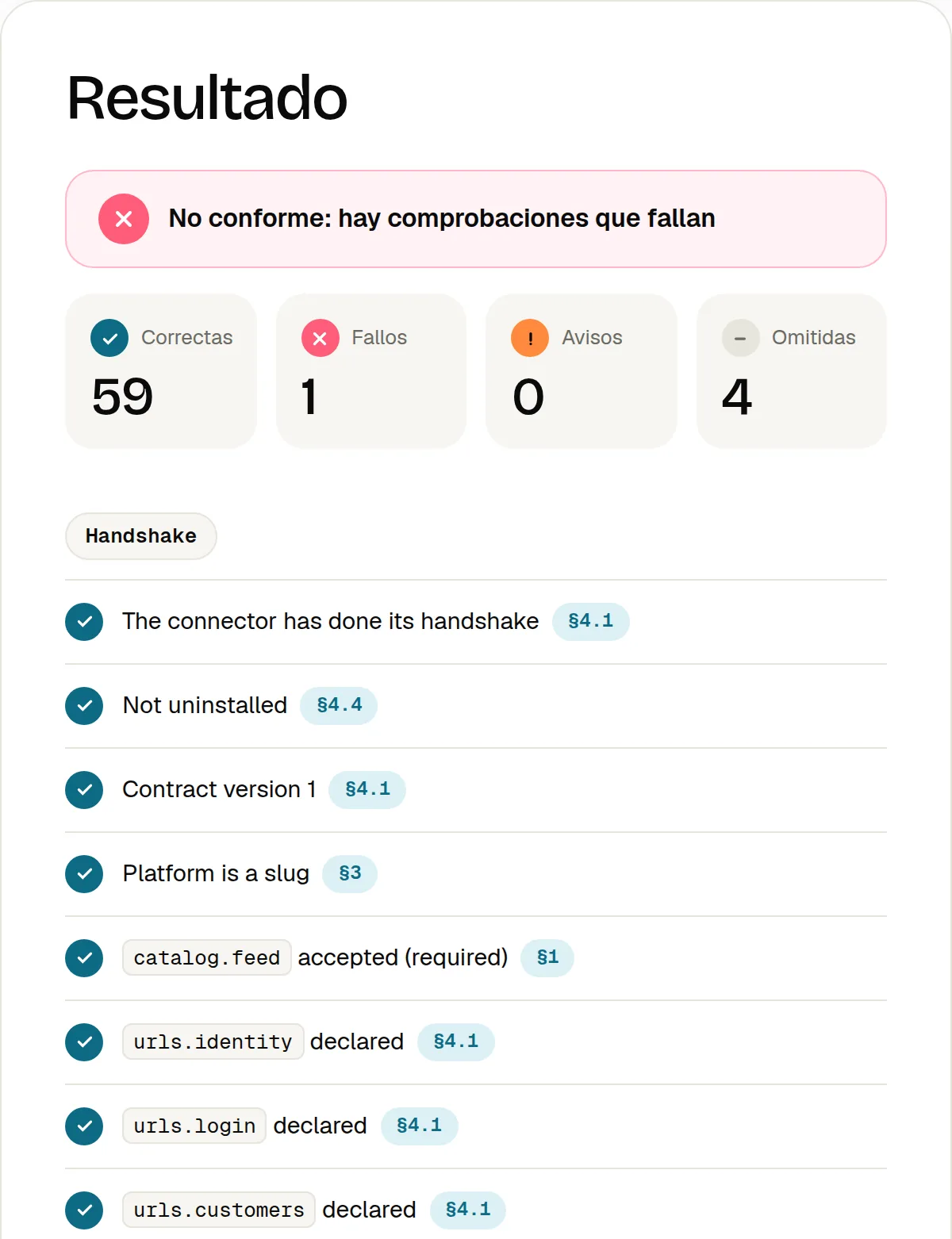 Captura de un informe de conformidad real de una tienda de prueba local: no conforme, con los totales de comprobaciones correctas, fallos, avisos y omitidas, y las primeras comprobaciones del grupo del handshake, cada una enlazada a su sección de la especificación.